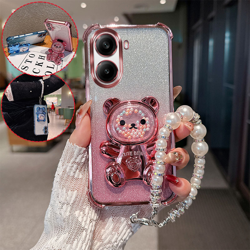 Phone Cases Quotes - Cute Bear Cartoon Holder Pearl Lanyard