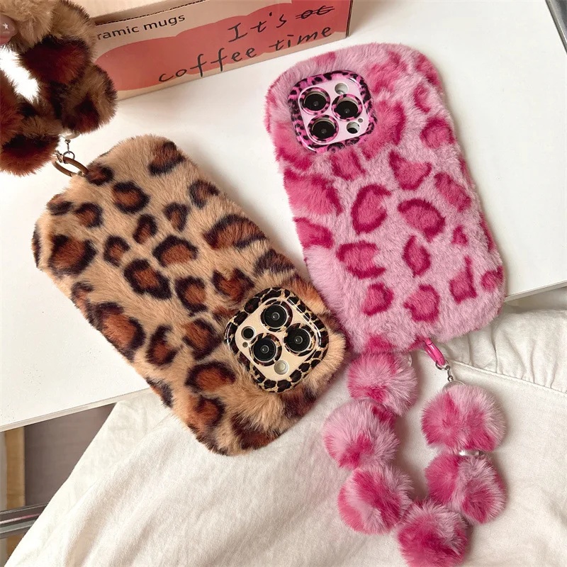 Phone Cases Iphone 12 - Fashion Leopard Furry Plush Lens Bracket